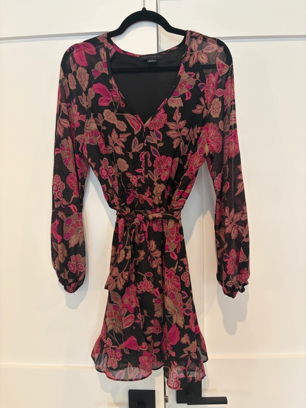 Sanctuary Black Long-Sleeve Floral Wrap Dress with Pink & Tan Print